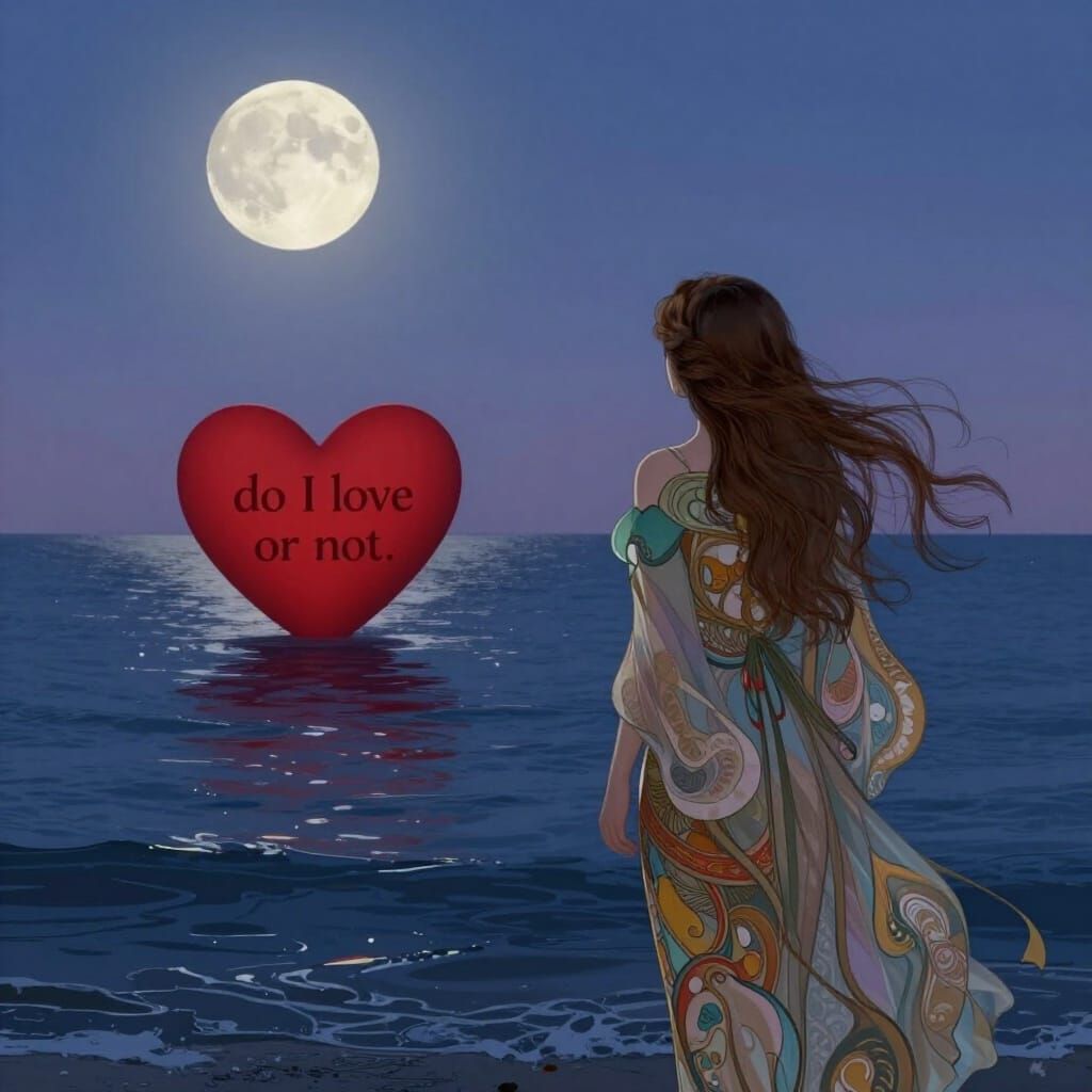 Girl Gazes at Moonlit Ocean with Heart