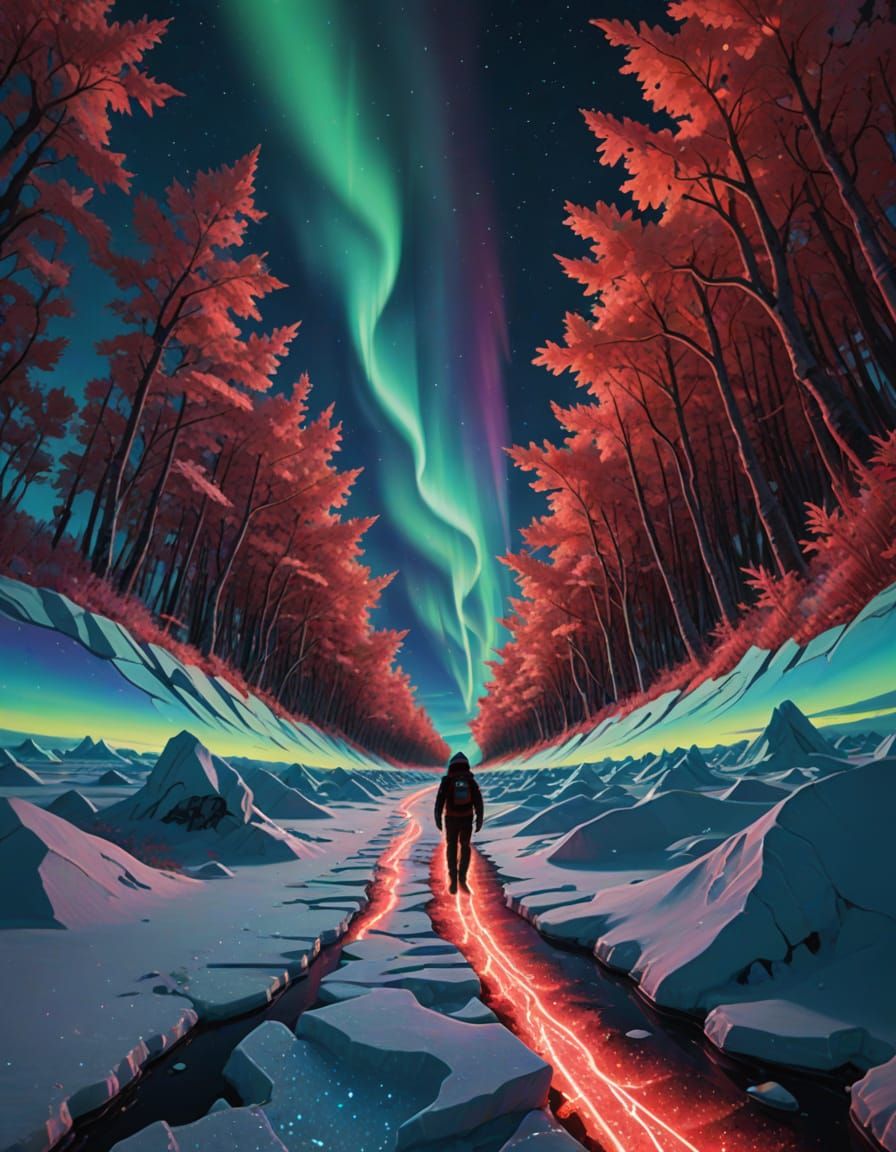 Surreal Aurora Borealis Landscape with Indigenous Drone Pilo...
