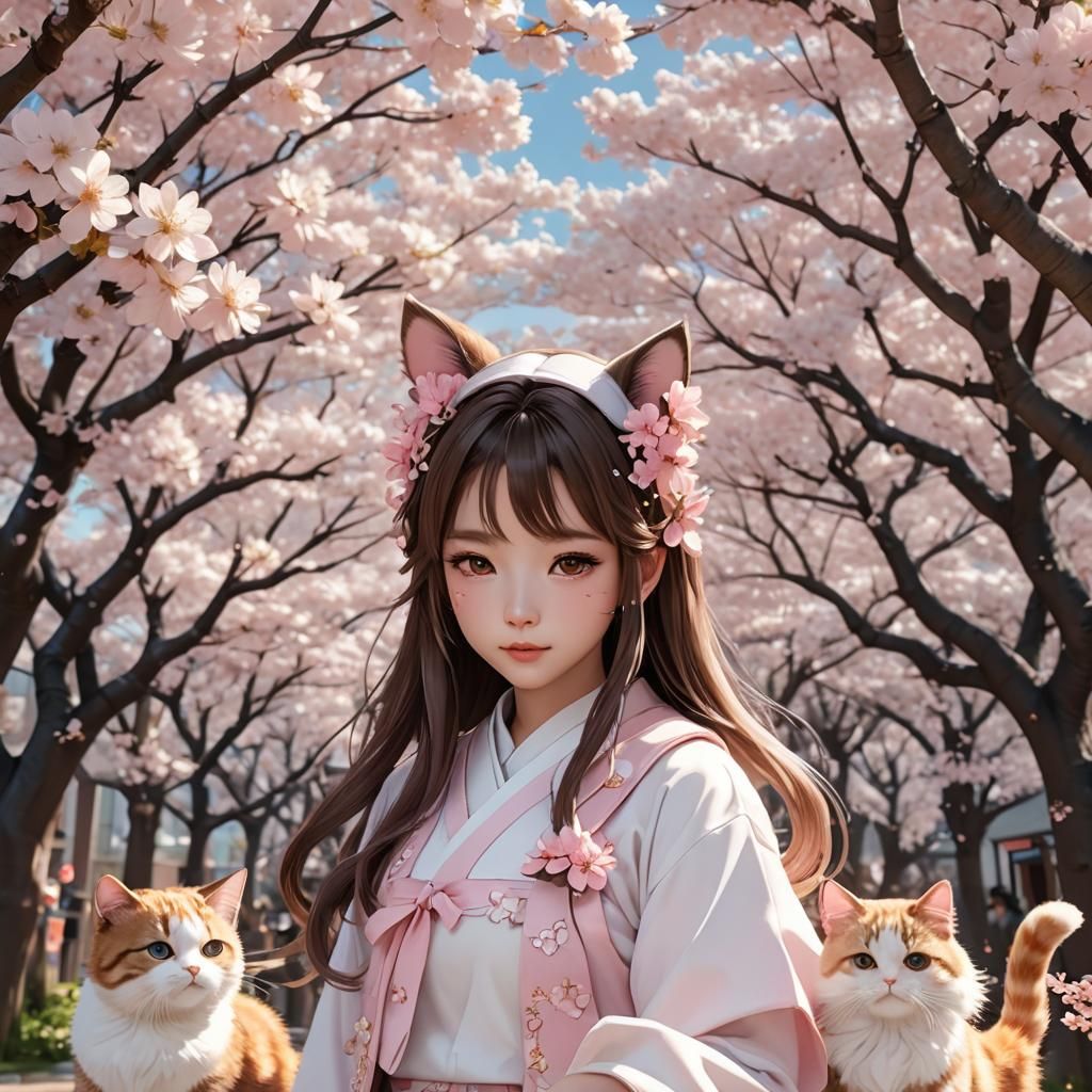 Cute Korean Girl in Kawaii Outfit with Cherry Blossoms