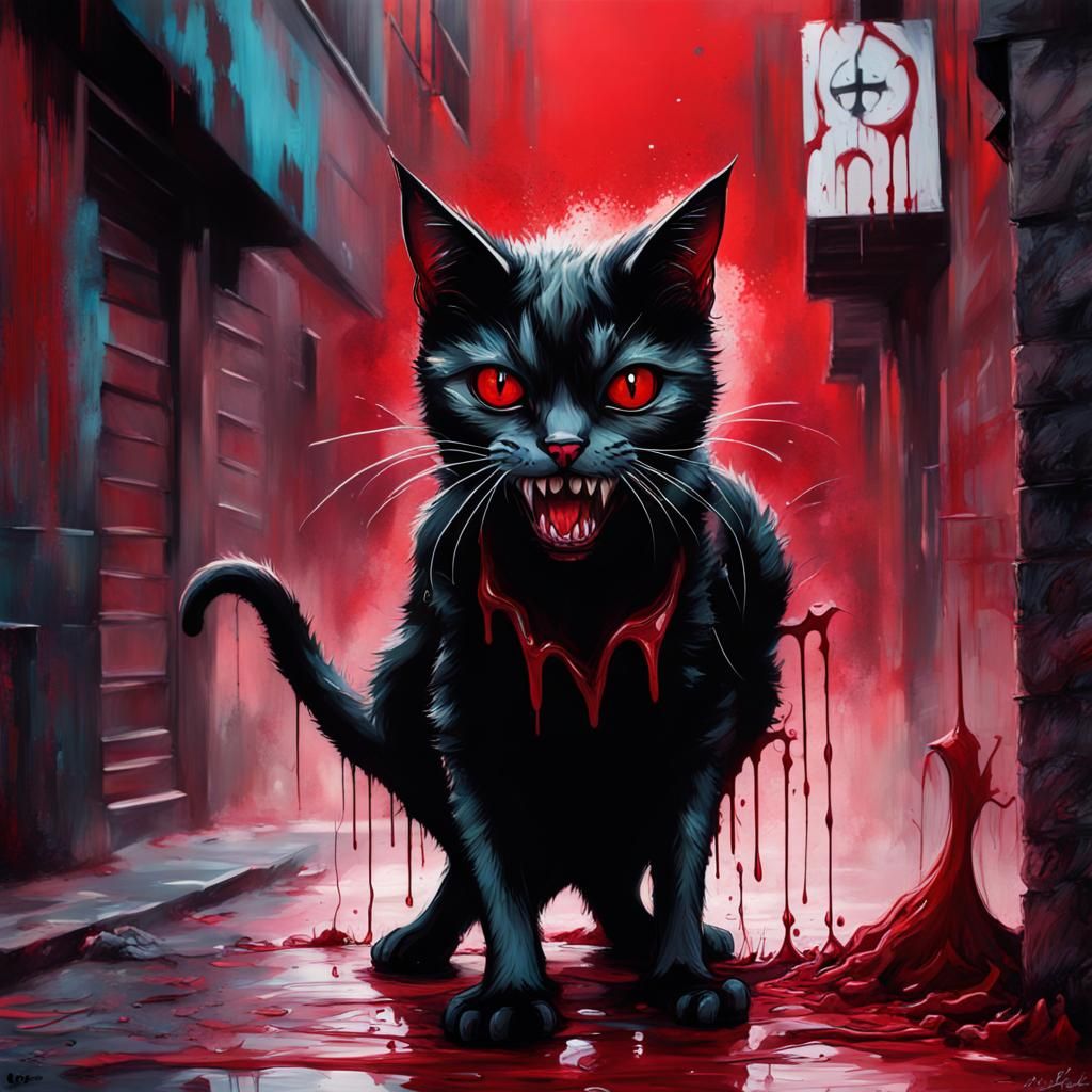 Vampire Cat in Blood Graffiti Street Art