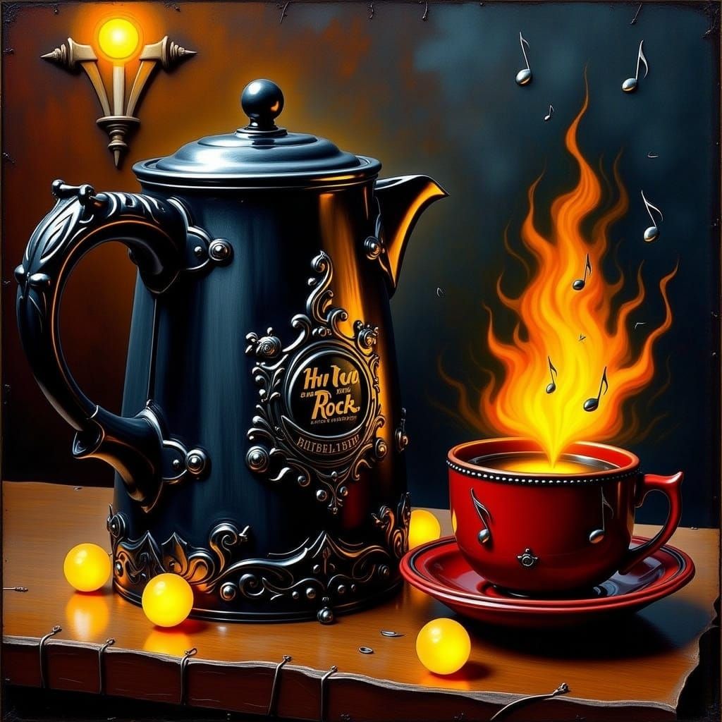 Coffee Pot with Musical Notes in Hard Rock Style