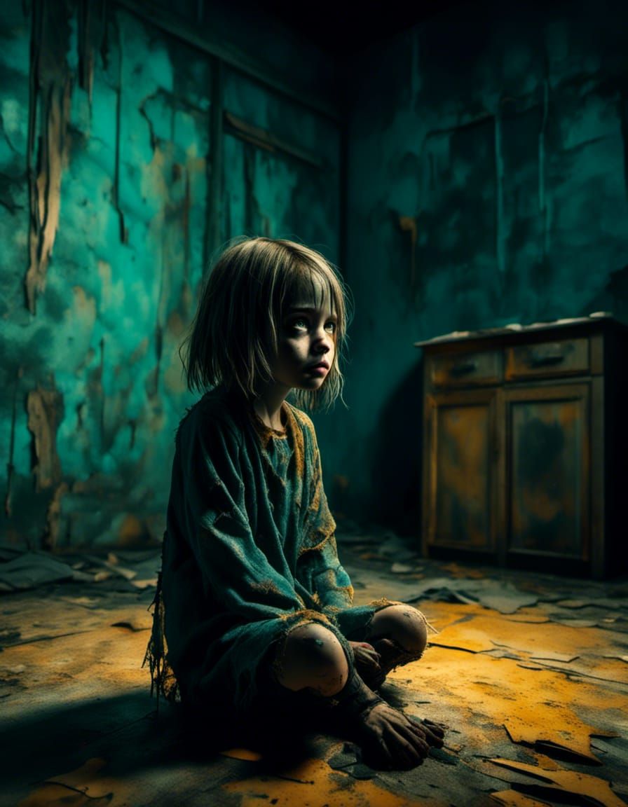 a scared little girl sitting crouched in the corner of a dilapidated backroom, a sinister mutant monster hanging from th...