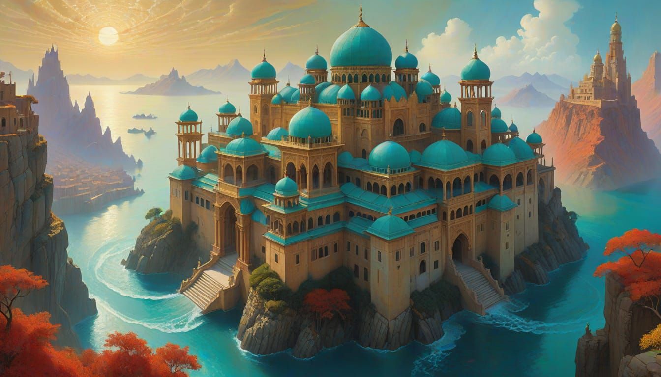 Surreal Mountain Ocean Waves & Palace Cityscape