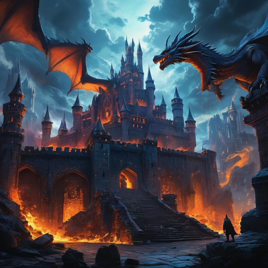 Dragon-Filled Castle Ablaze: Epic Fantasy Art