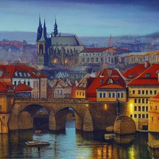 Masked Figure Overlooking Prague in Oil Paint