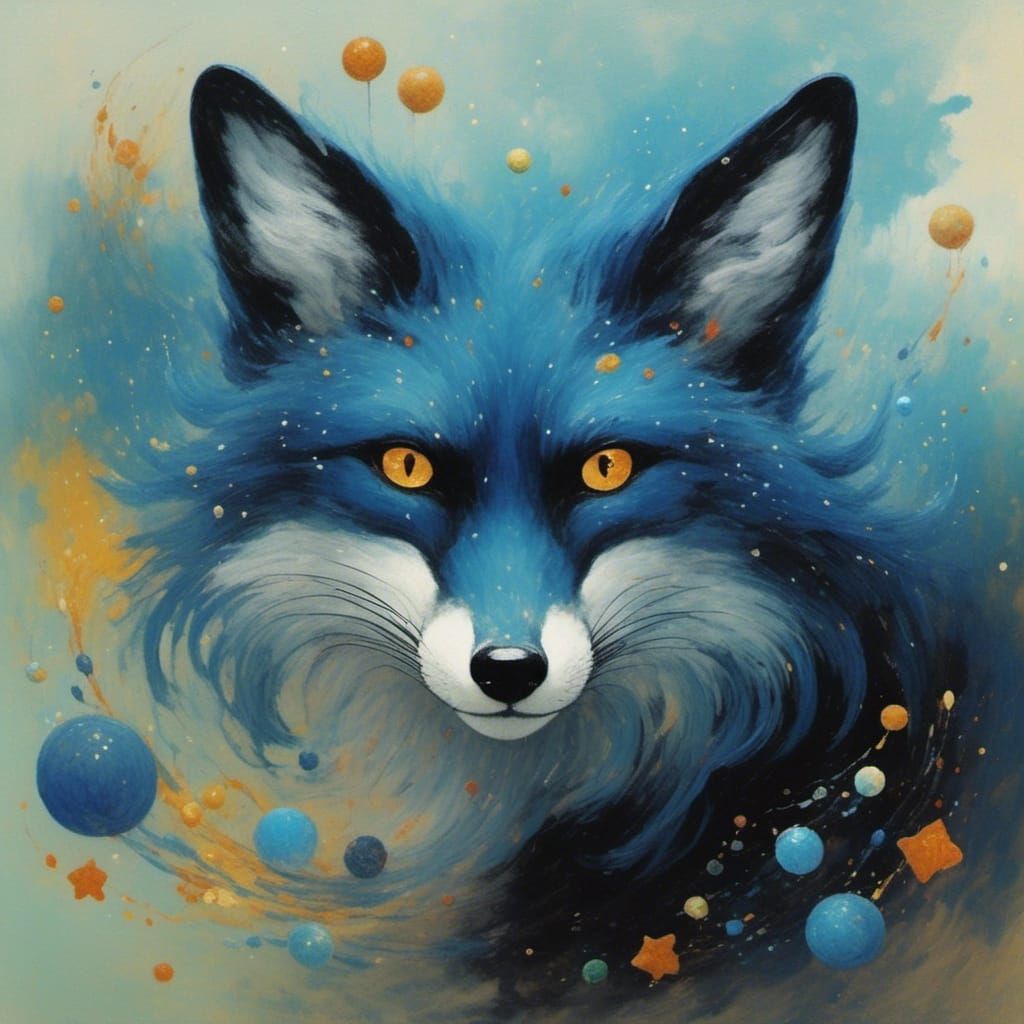 Smokey Black Fox with Blue Eyes in Starry Night