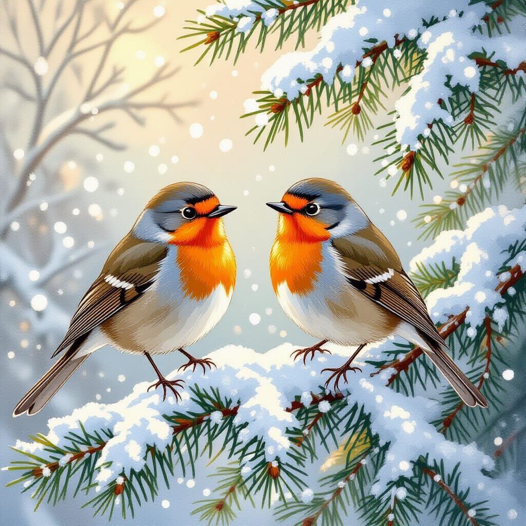 Christmas Robins on Snowy Pine Branch