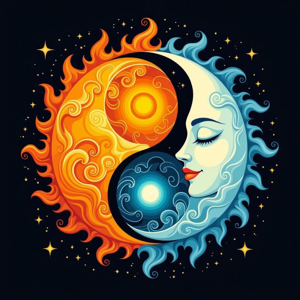 Yin and Yang: Sun and Moon in Artistic Illustration Style