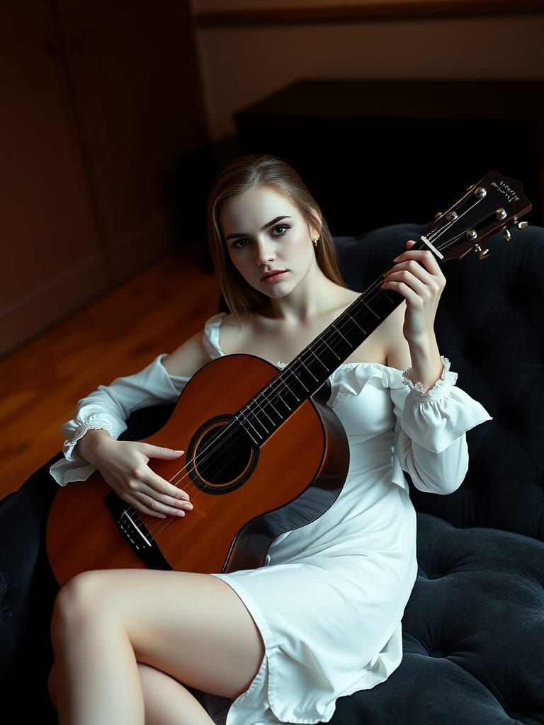 Goth Woman with Pale Skin Holds Classical Guitar