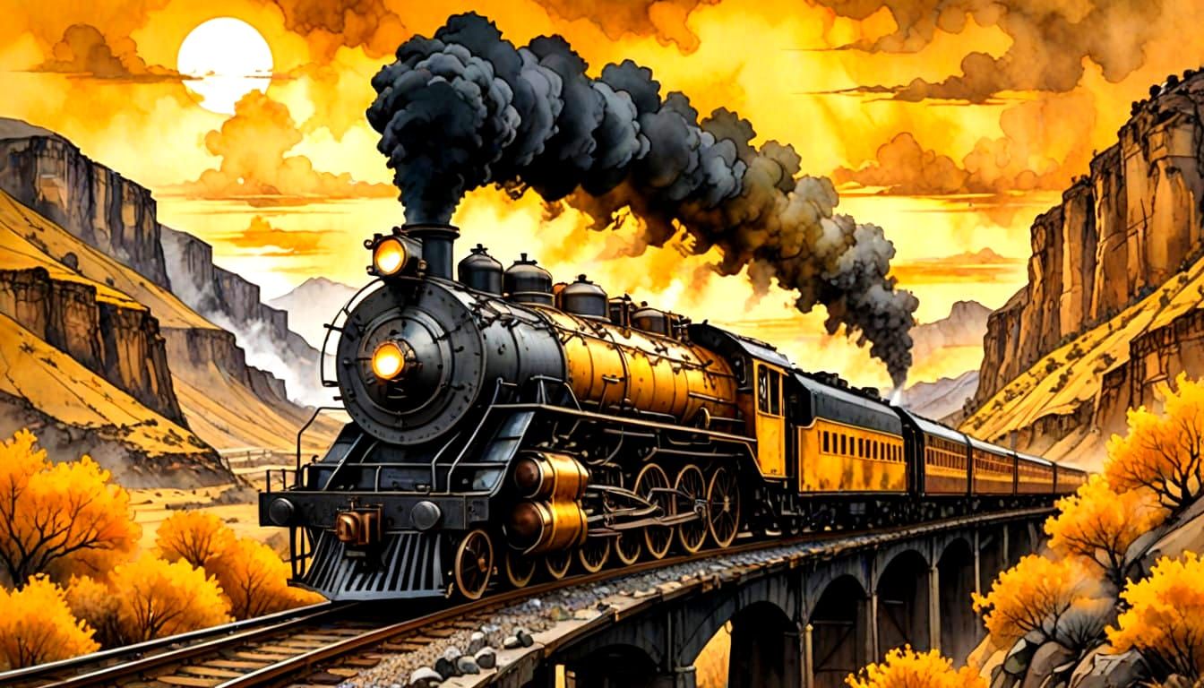 Wild West Steam Locomotive Ride in Drought Sunset Hues