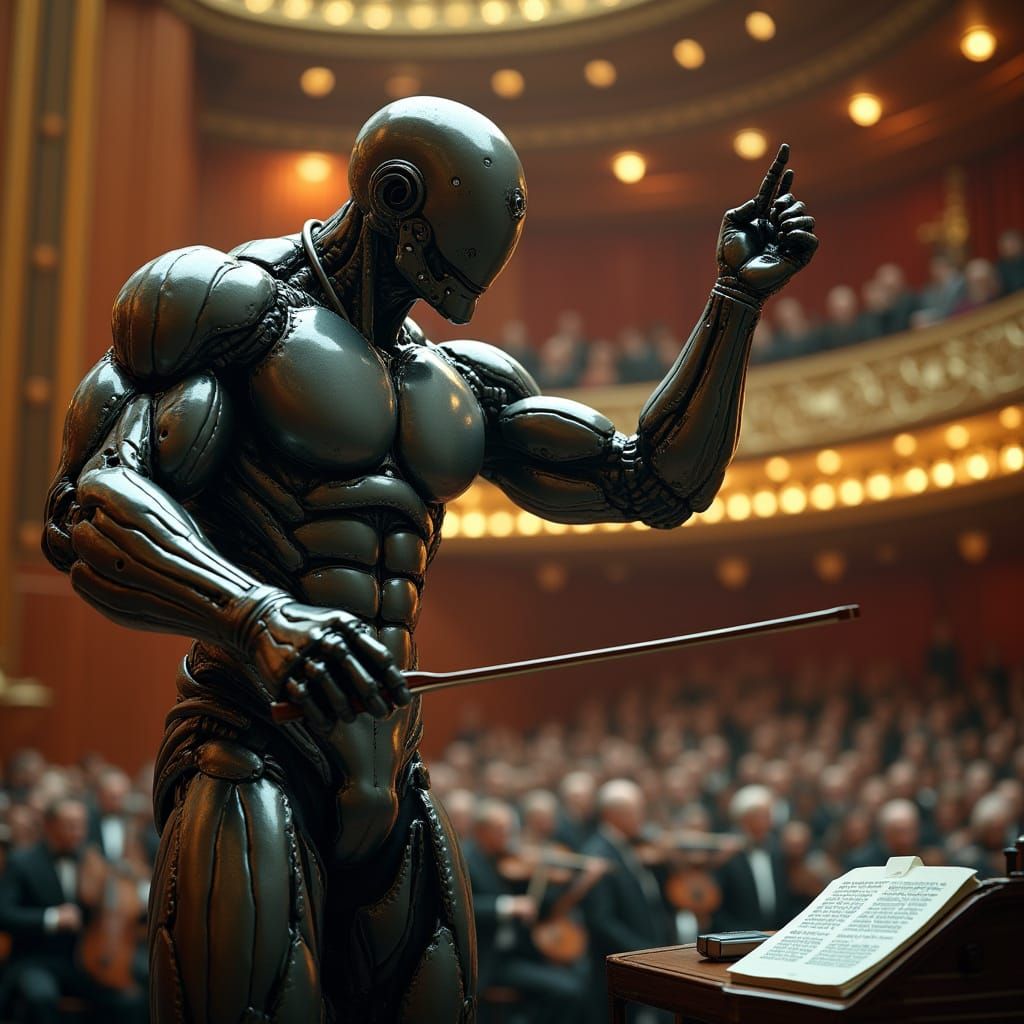 Cyberpunk Bodybuilder Conductor Leads Orchestra in Ornate Th...