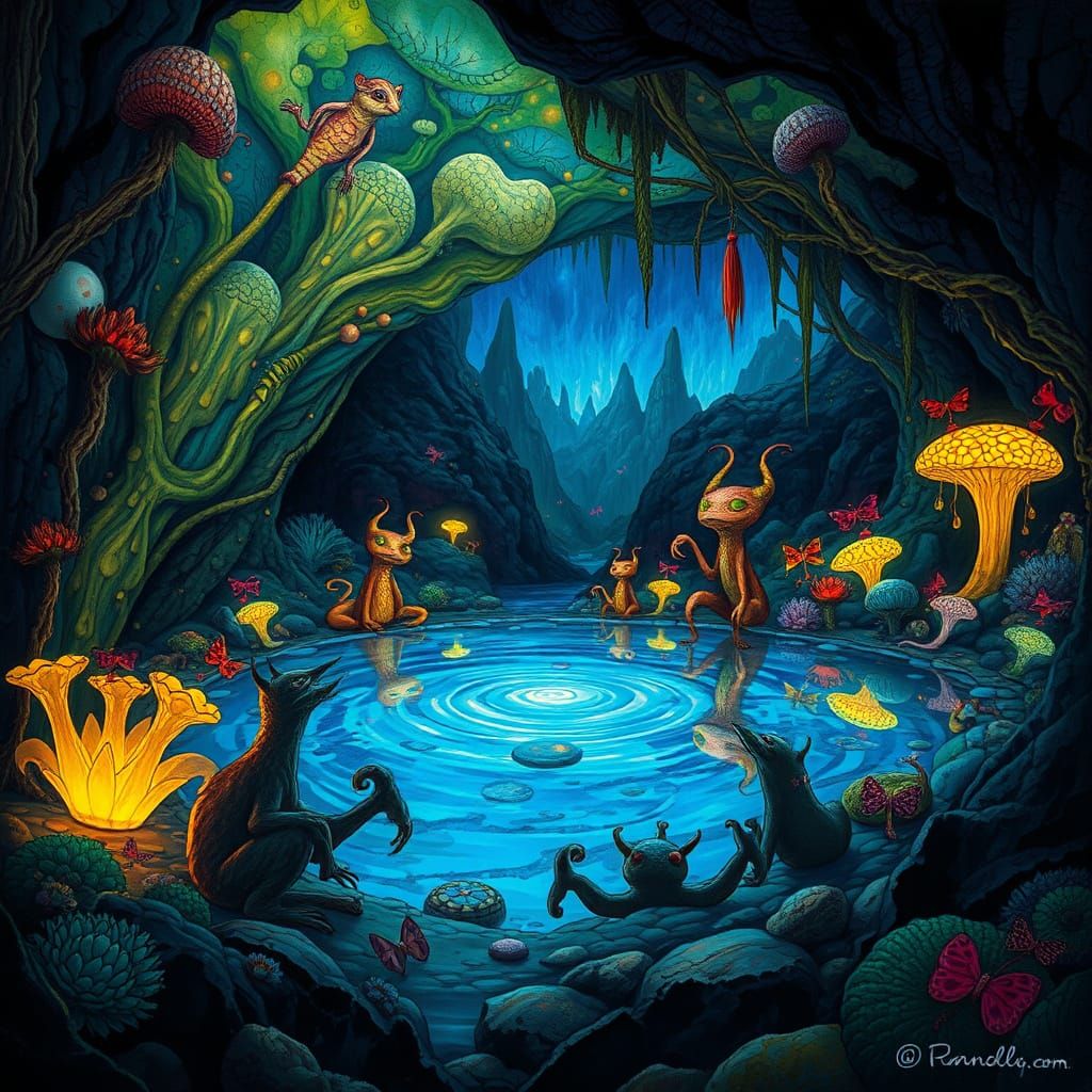 Bioluminescent Grotto with Dreamlike Creatures, Surreal Fant...