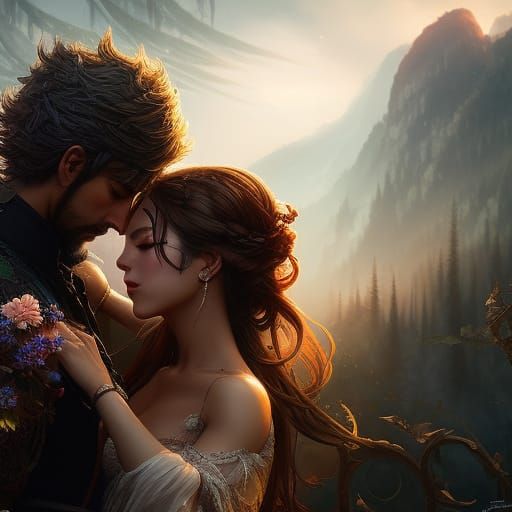 Lovers Embrace in Park: Romantic Digital Art