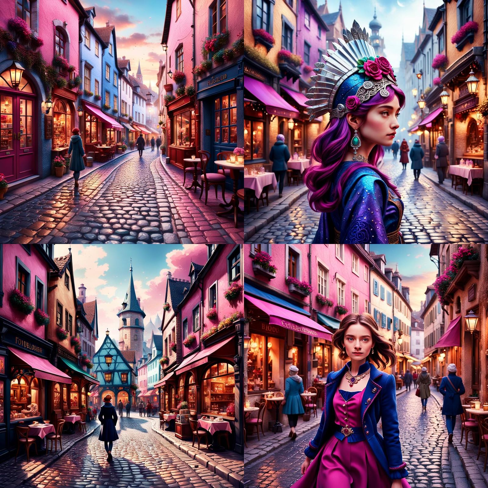 European Town Street Scene with Jewel-Toned Whispers