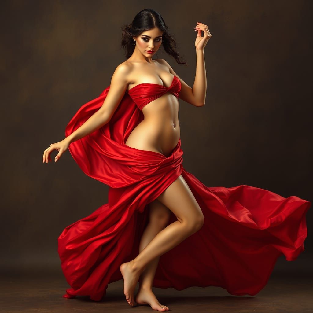 Sensual Woman Dances in Red Silky Cloak with Elegant Poise