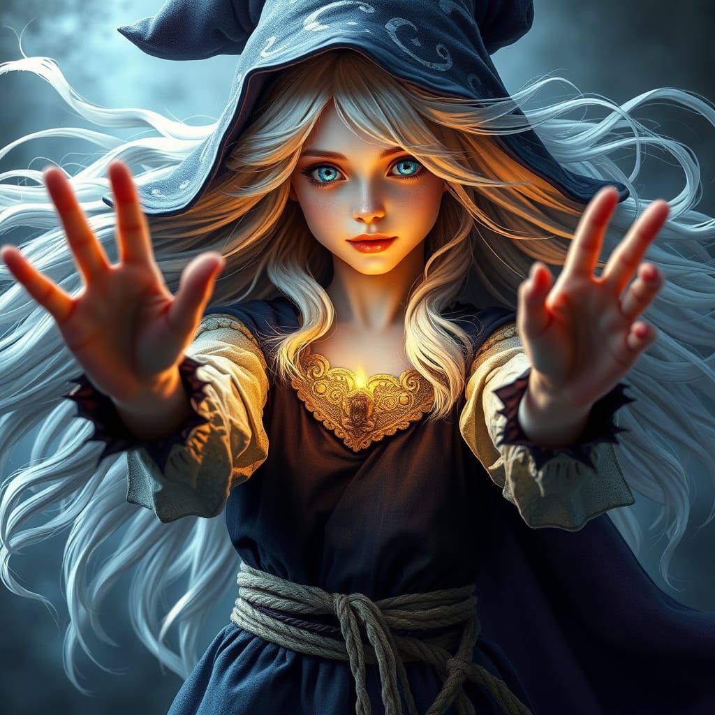 Enchanting White-Haired Witch Portrait in Fantasy Art Style