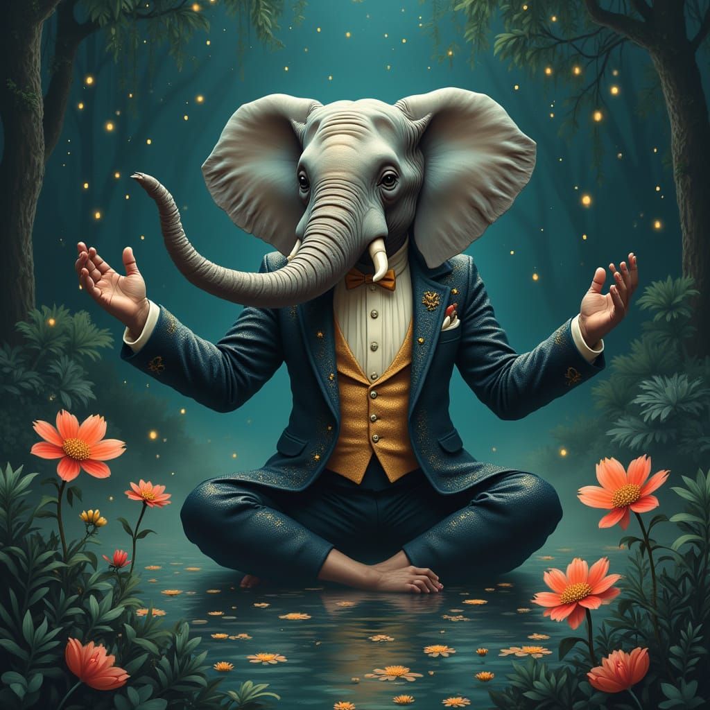 Regal Elephant in Vintage-Style Yoga Pose, Set Amidst Lush B...