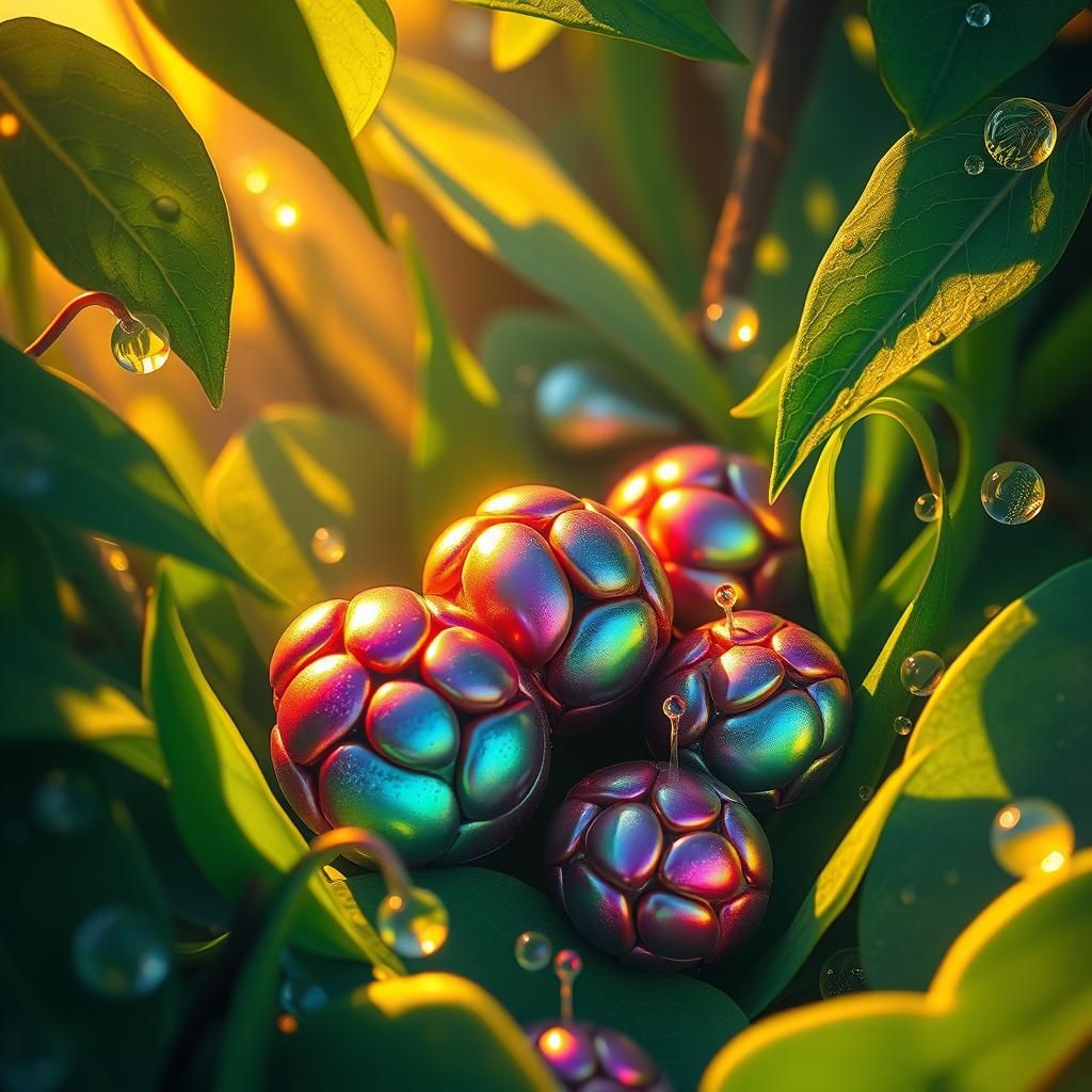 Iridescent Seeds in Lush Whimsical Landscape