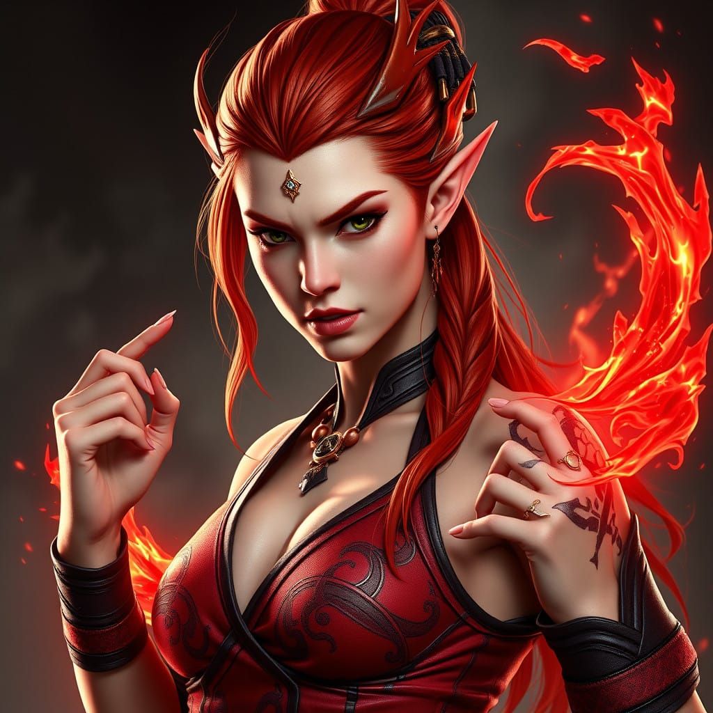 Half Elf Warrior Goddess in Infernal Attire