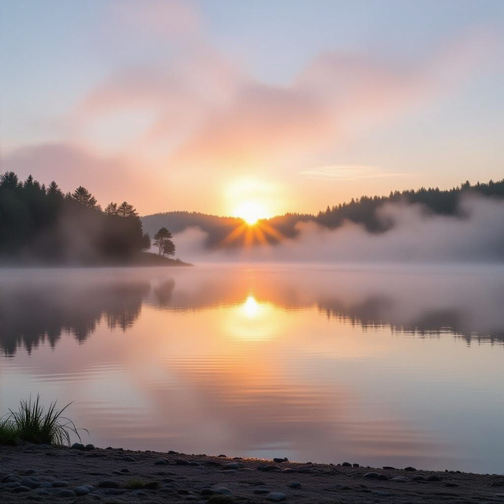 Sunrise Over Misty Lake in Amber Hues