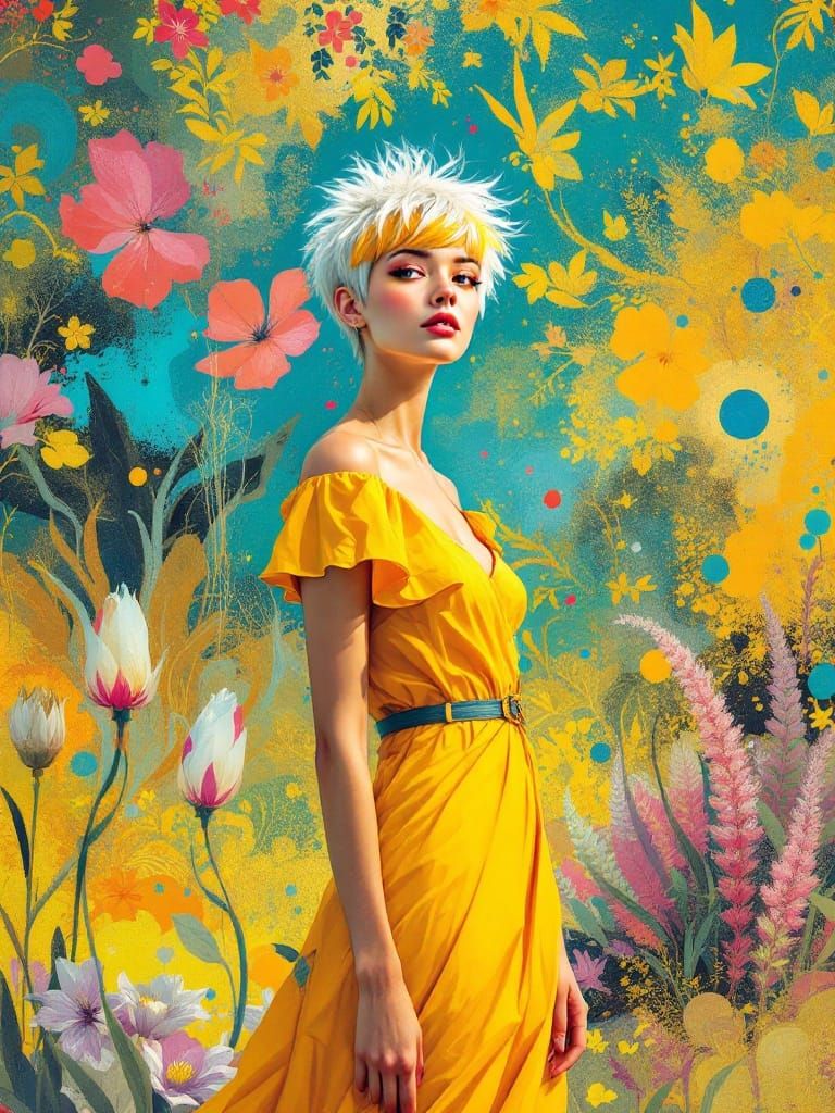 Woman in Bold Comic Book Style with Vibrant Hair and Yellow ...