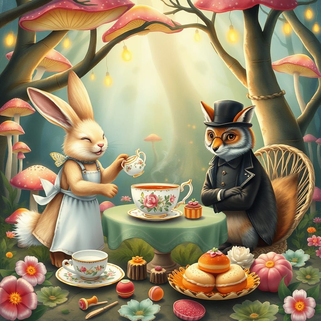 Whimsical Mushroom Forest Tea Party in Charming Watercolor S...