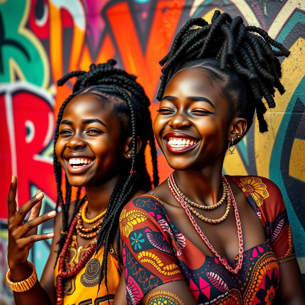 Joyful Sisters in Hyperrealistic Street Art Scene