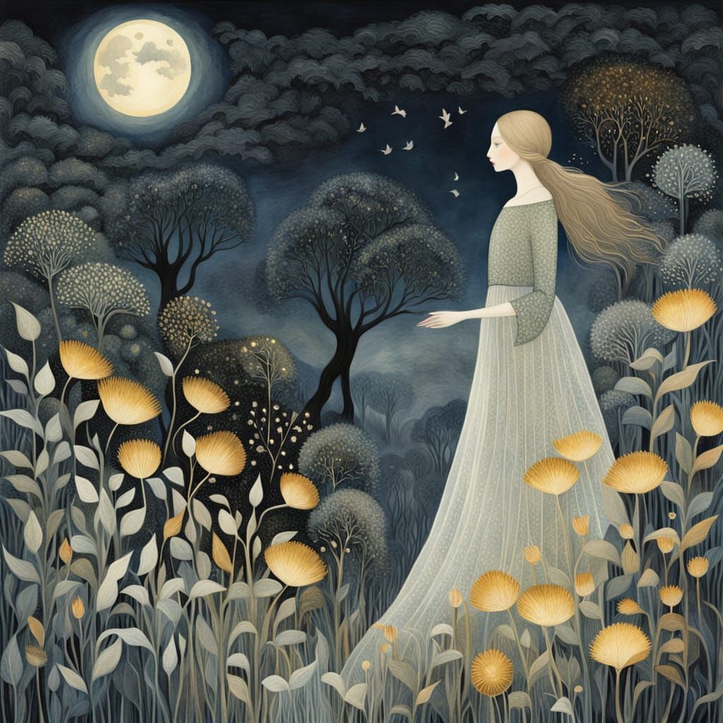 Surreal Digital Art of a Woman Dancing Among Celestial Flowe...