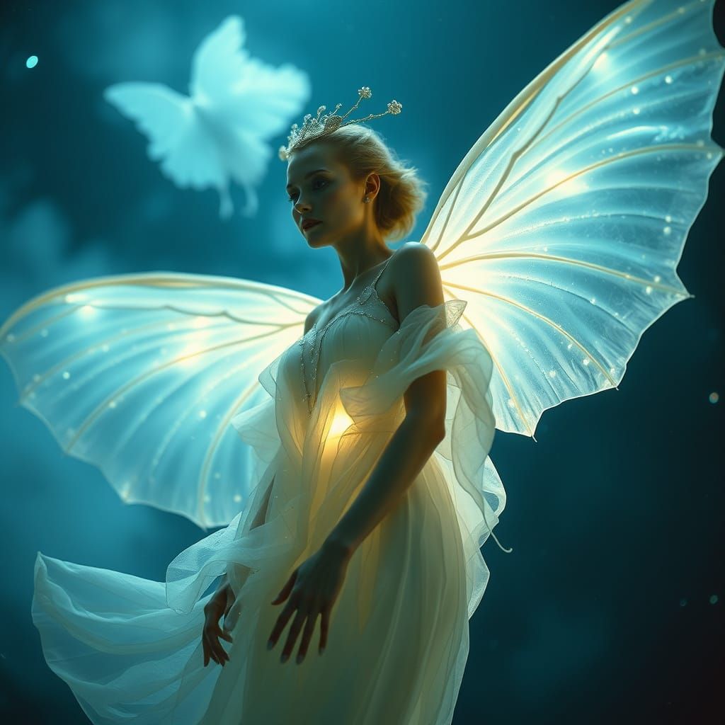 Dreamlike Female Creature with Translucent Wings in Celestia...