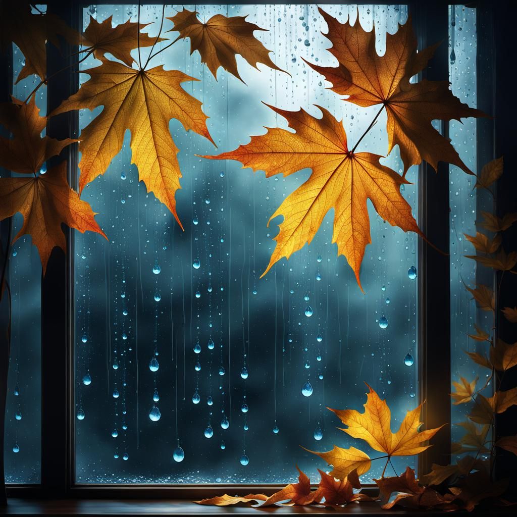 Rainy Autumn Day Through Misty Window: Fantasy Art