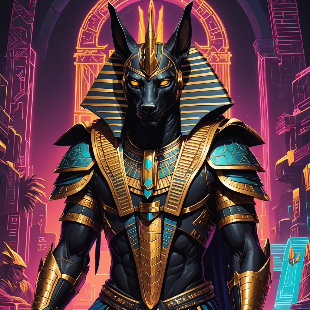 Anubis in God Armor: Synthwave Neon Portrait