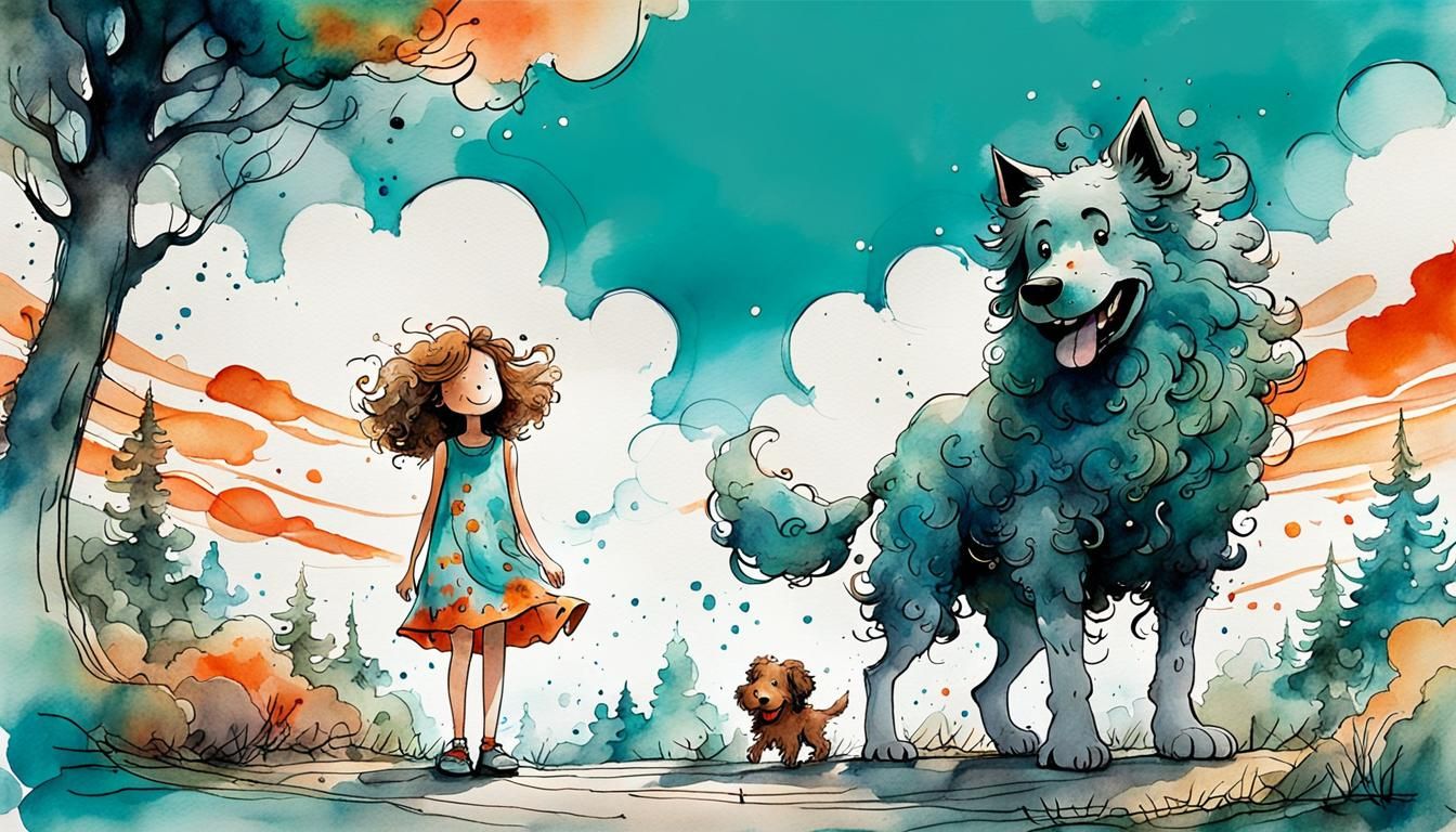 Girl and Dog in Quentin Blake-Inspired Watercolor