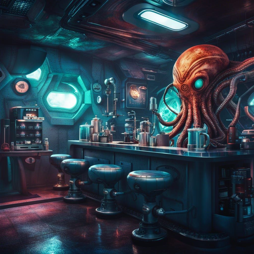 Dystopian Space Coffee Shop with Alien Barista