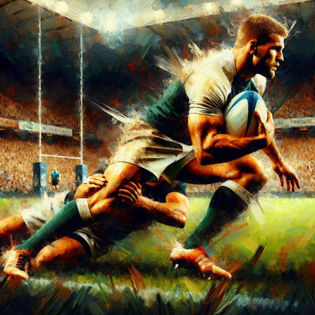 Rugby Player Tackling with Raw Energy in Impasto Style