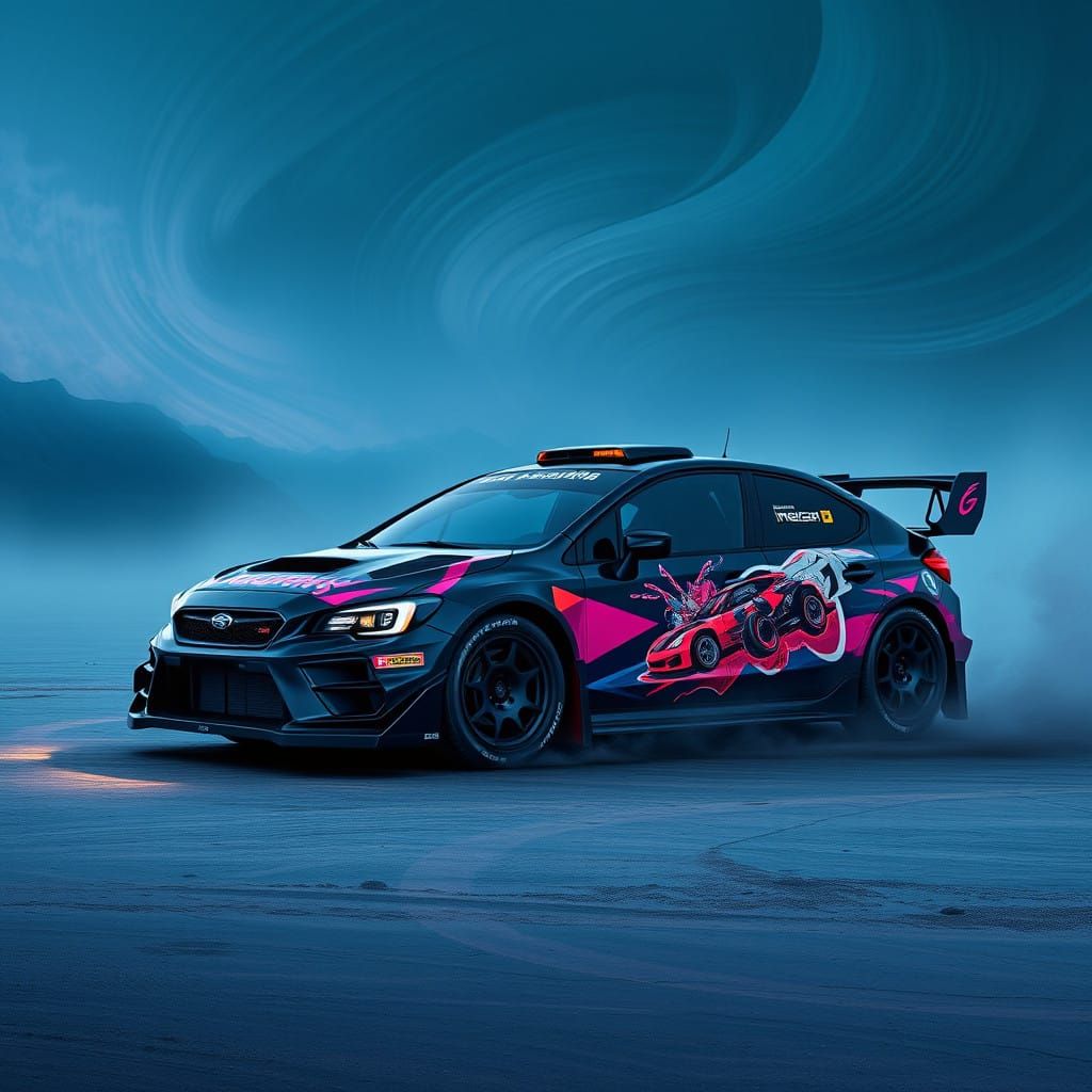 Rally car wrapped in "13 eurogoths floating in the dead sea"...