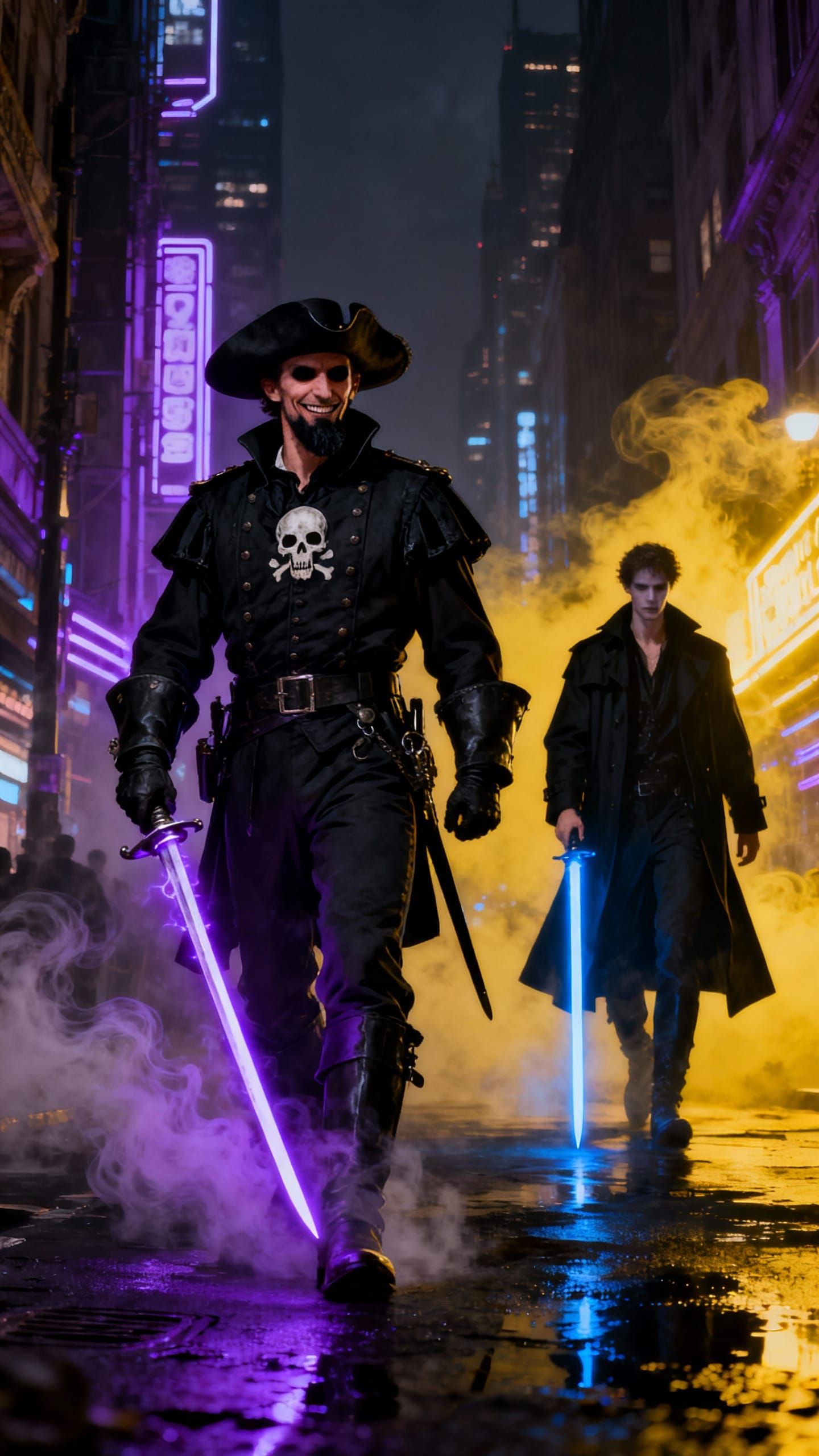 Dark Fantasy Musketeer on Neon City Streets