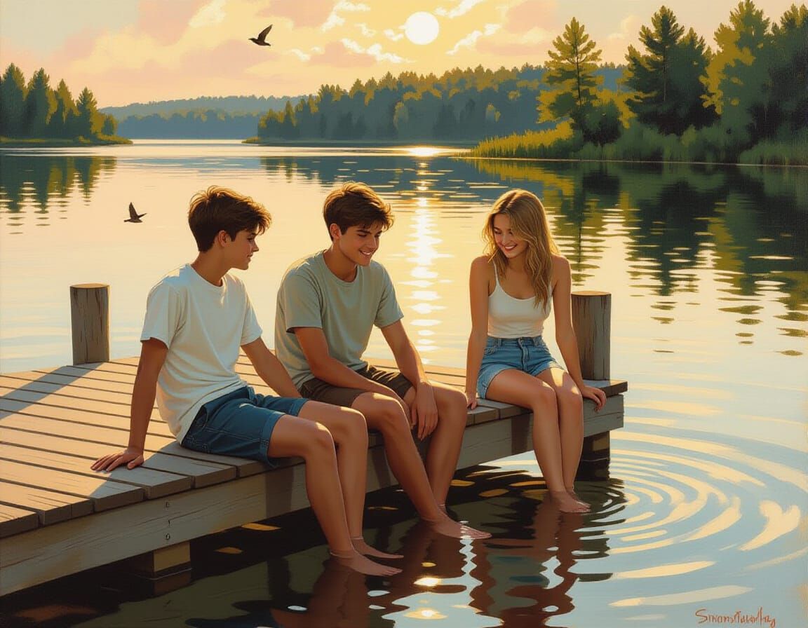 Tranquil Lakeside Scene with Teenagers in Impressionistic St...