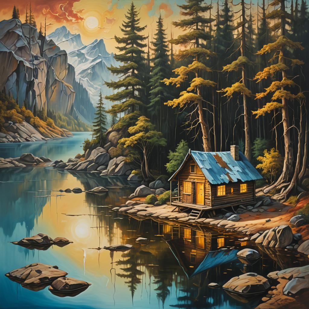Surrealist Cabin by Melting Lake in Oil
