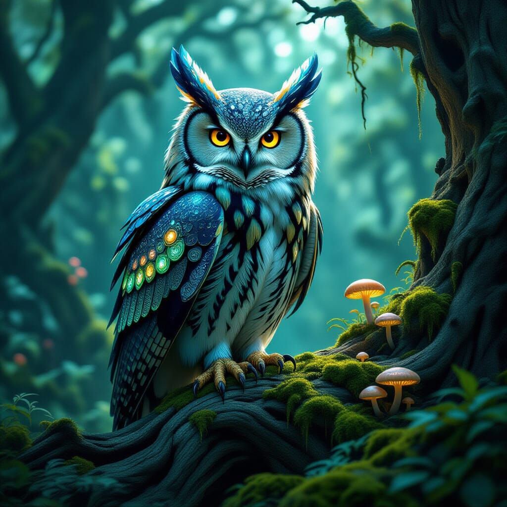 Cybernetic Owl in Bioluminescent Forest as Psychedelic Art
