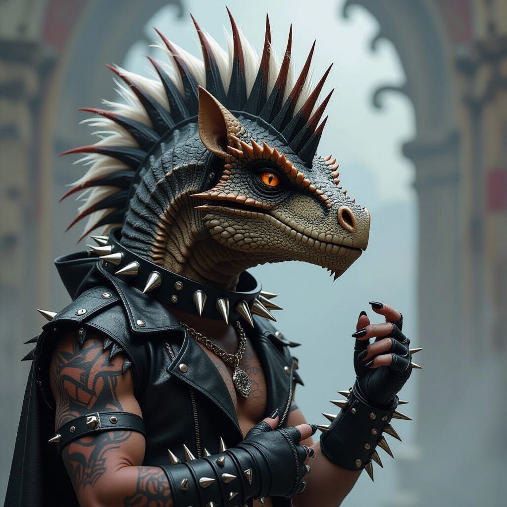 Gothic style trex with a spiked collar and wrist wraps, spik...