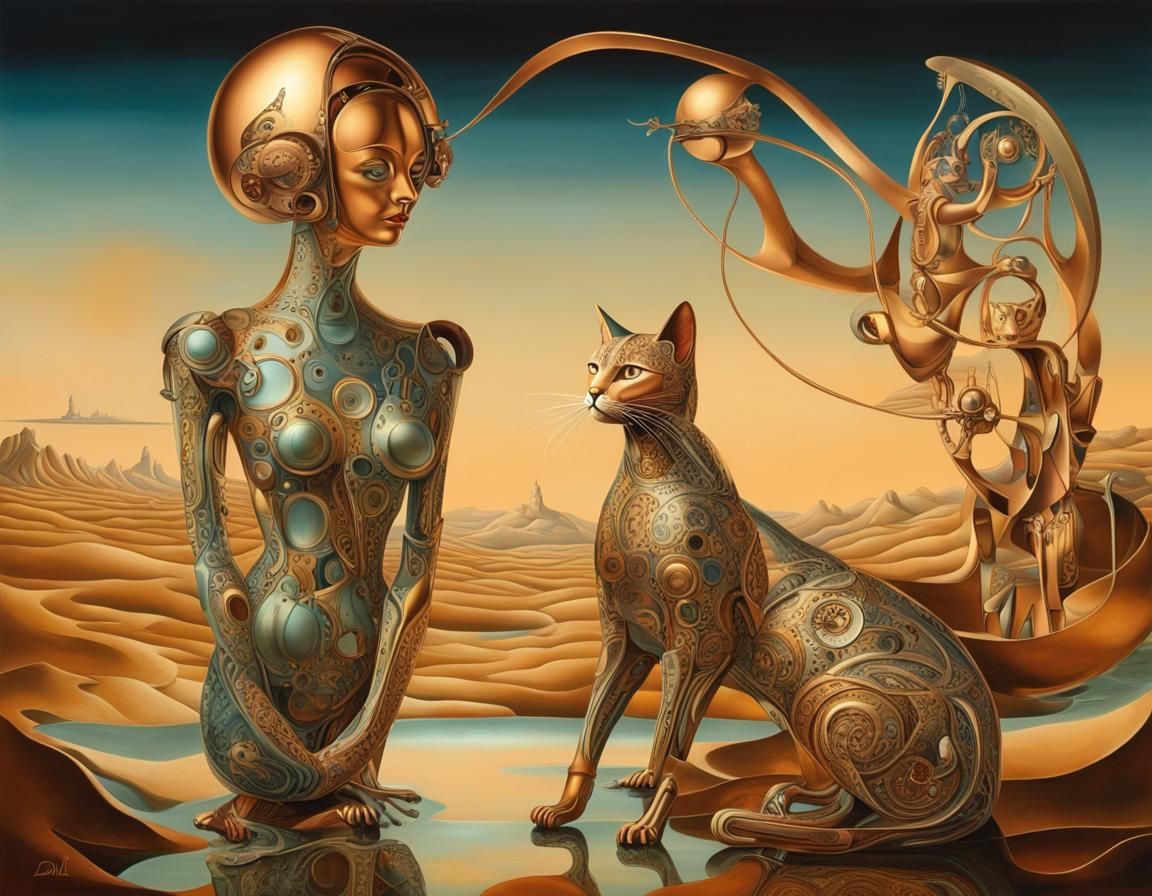 Mechanical Cat and Woman in Surreal Landscape