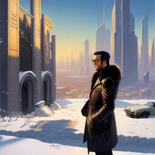 Post-Catastrophe Cityscape with Man in Glasses