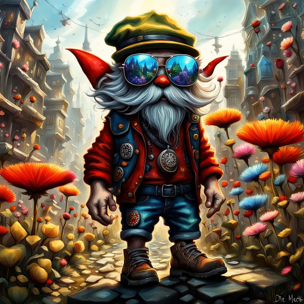 Dall e 3, cute adorable little gnome creature model, sun glasses, bohemian cyberpunk fashion, Calvin Klein, , urban fair...