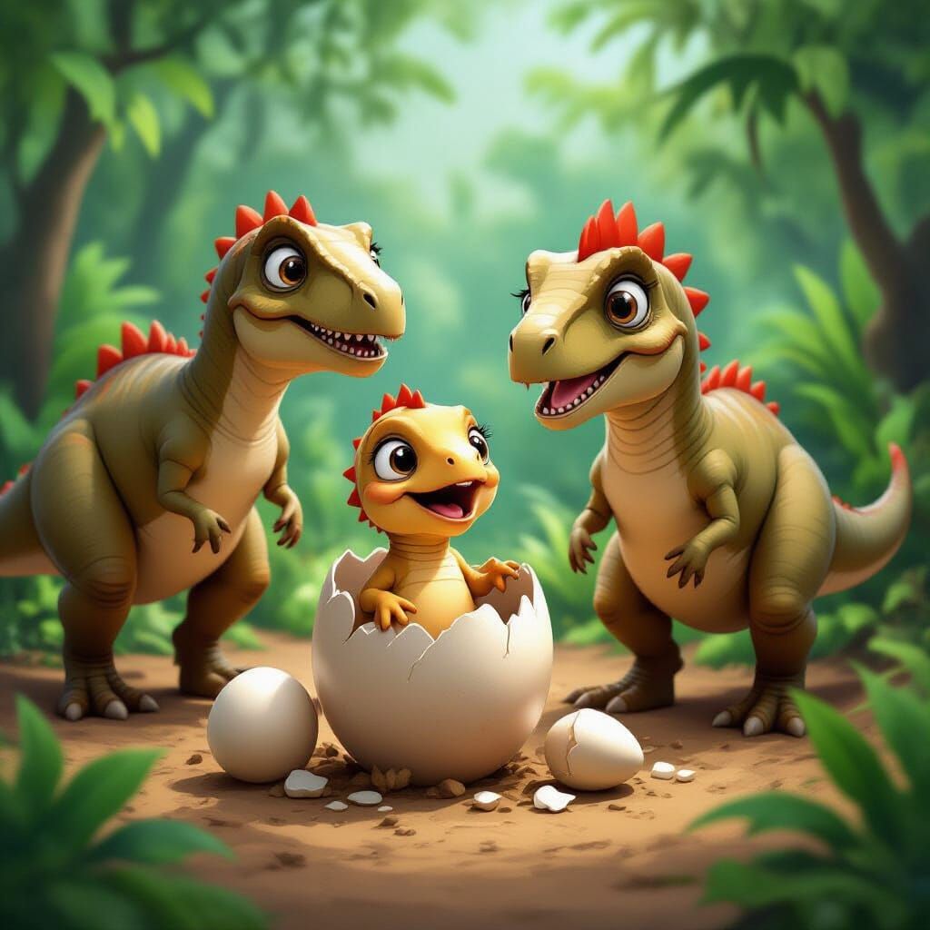 A baby dinosaur just hatches out of an egg with a surprised ...