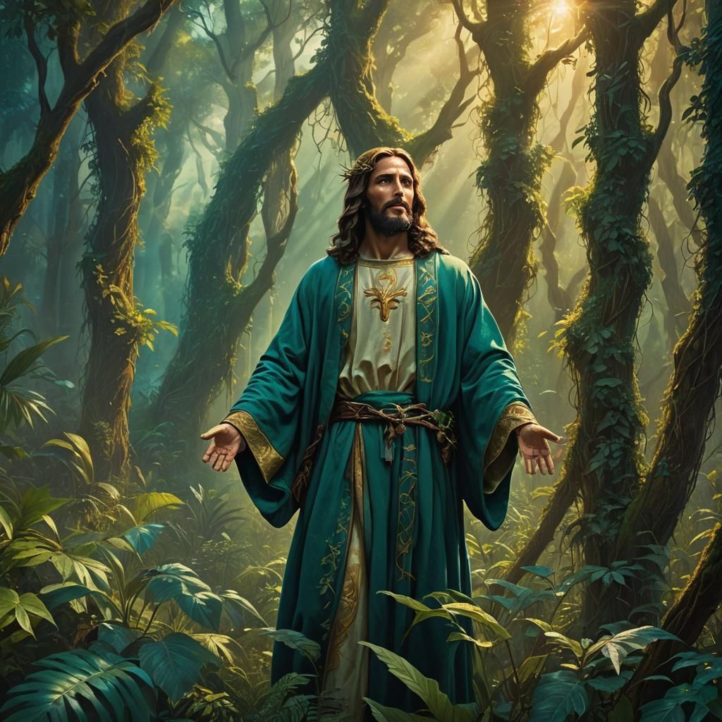 Jesus Christ in Vibrant Forest: Detailed Matte Painting