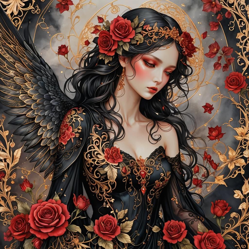 Black Winged Angel with Floral Tattoos in 3D