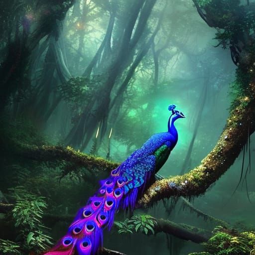 Luminescent Eldritch Peacock Displaying Colorful Feathers