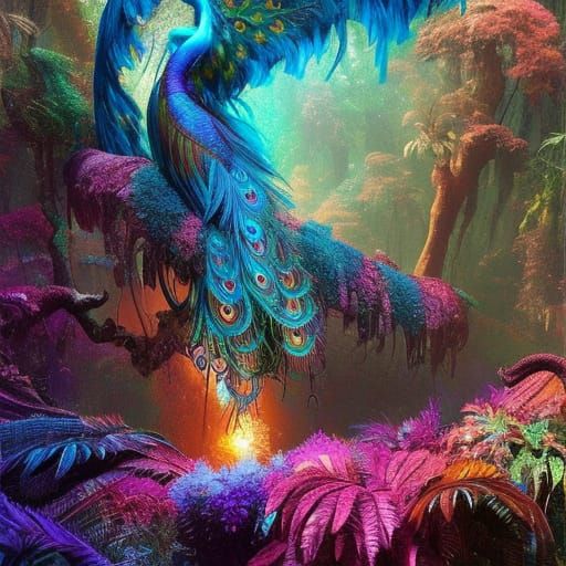 Luminescent Eldritch Peacock in Jungle, Digital Matte Painti...