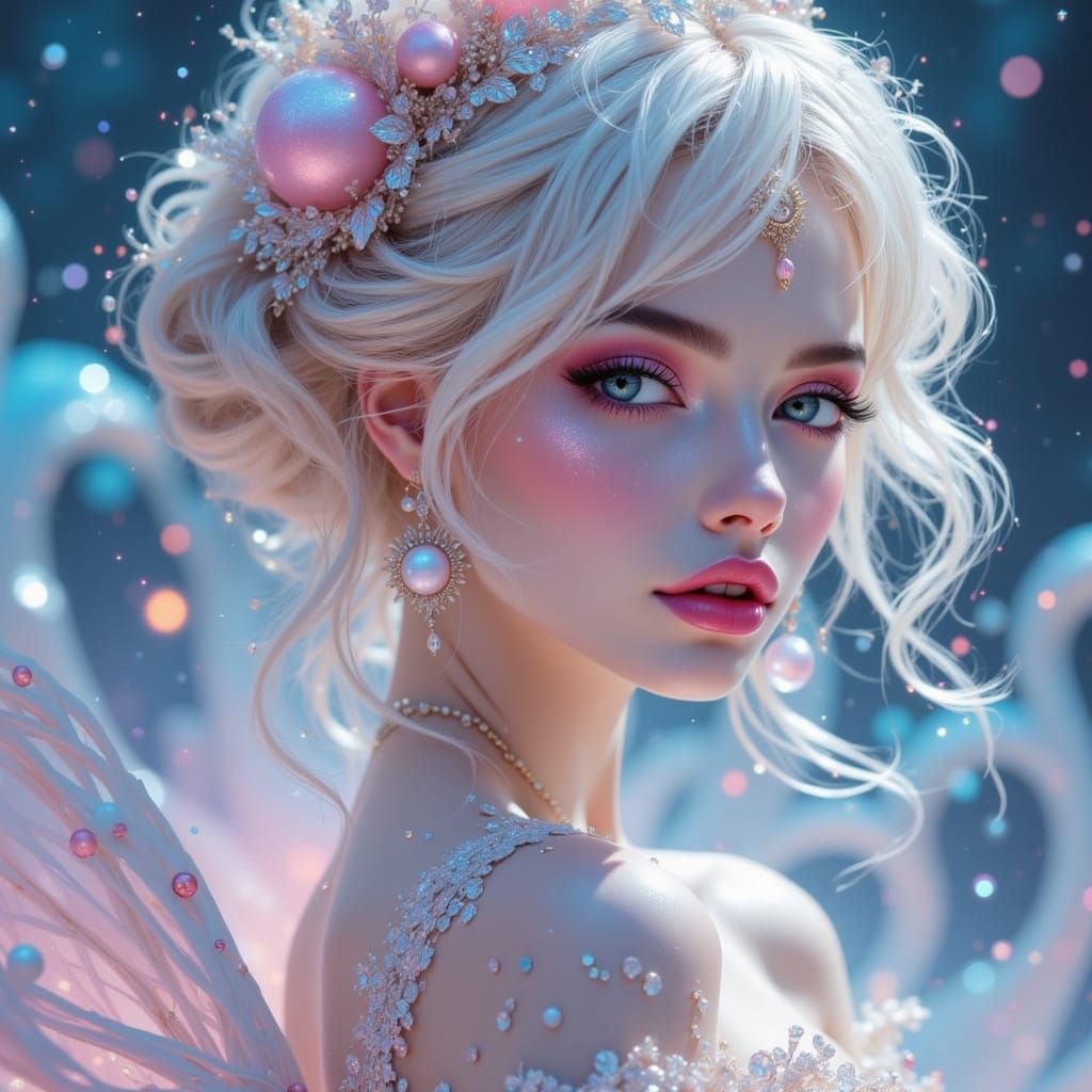 Dreamlike Doll Woman in Swirling Pastel Galaxies