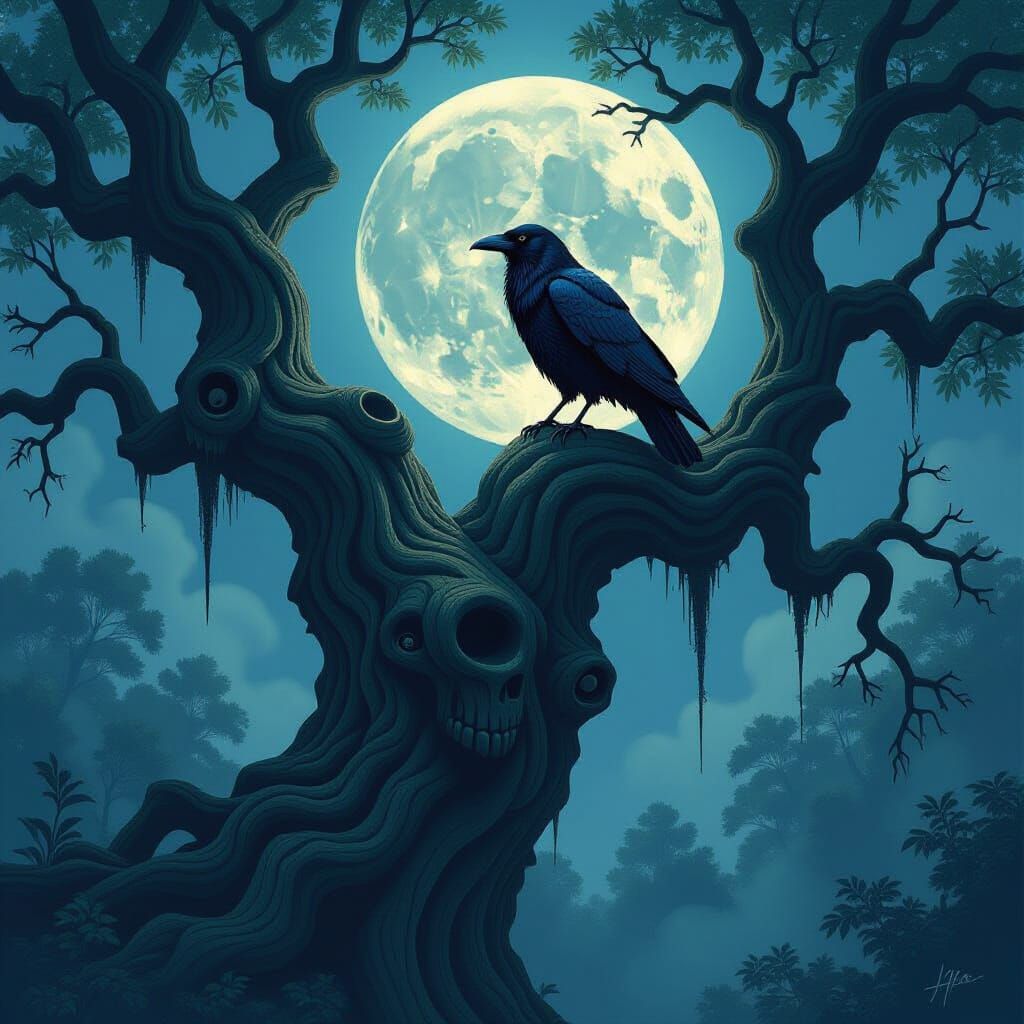 Raven on Ancient Oak with Moonlit Faces